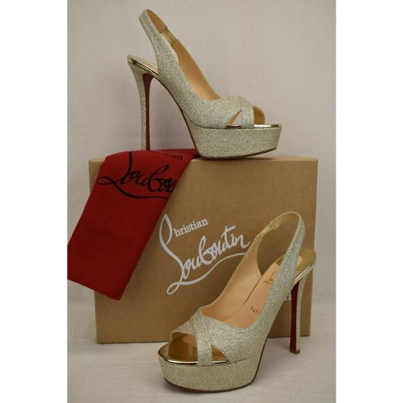 LOUBOUTIN POSTDAM 130 IVORY GOLD GLITTER LEATHER SLING BACK PLATFORM PUMPS 40.5 - Picture 1 of 12